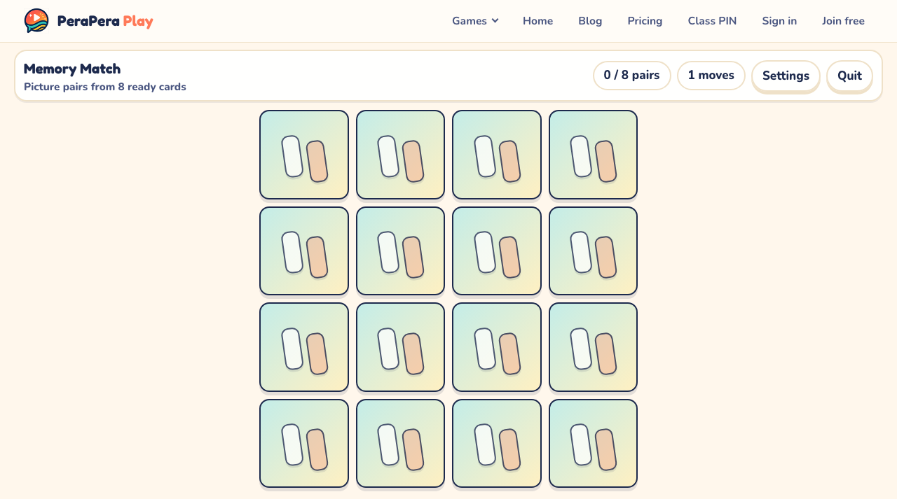 PeraPera Play Memory Match with a four by four grid of face-down cards