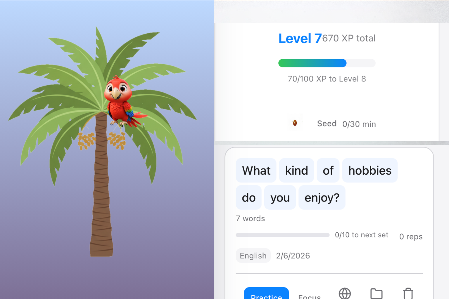 LineSpeak progress features including daily tree, XP levels, and My Lines tracking