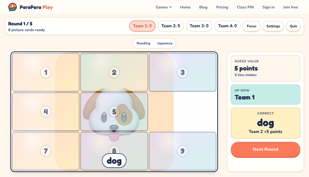 PeraPera Play Picture Reveal showing a partly uncovered dog picture, four team scores, and the correct answer