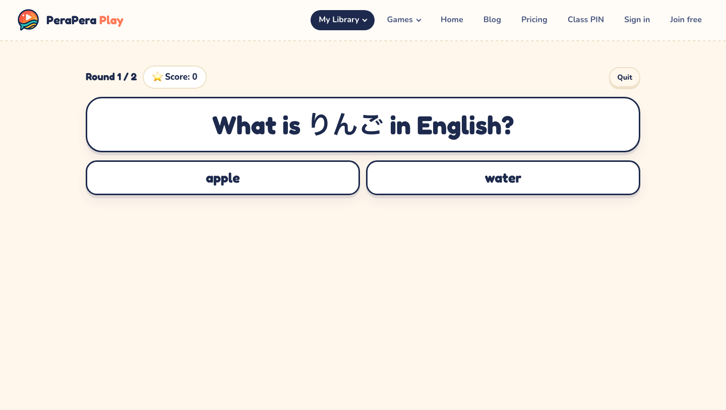 PeraPera Play Quiz asking for the English meaning of the Japanese word ringo with apple and water answer choices