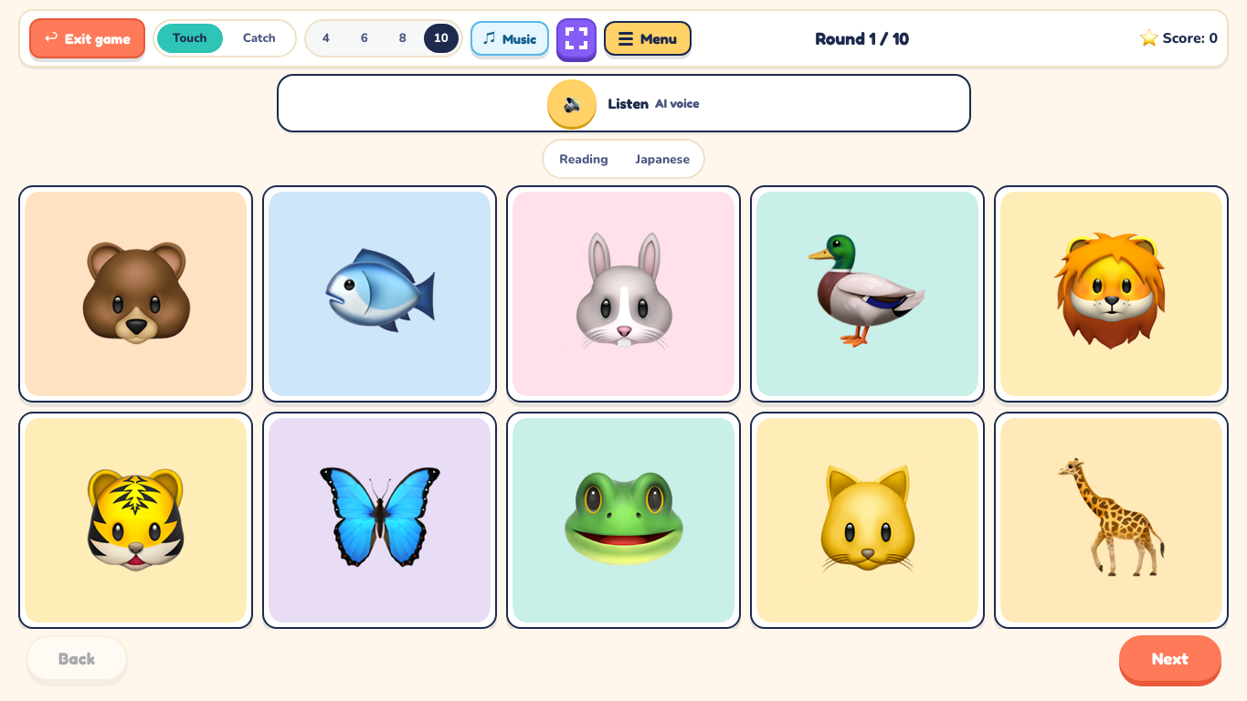 PeraPera Play Touch mode running an animal picture activity