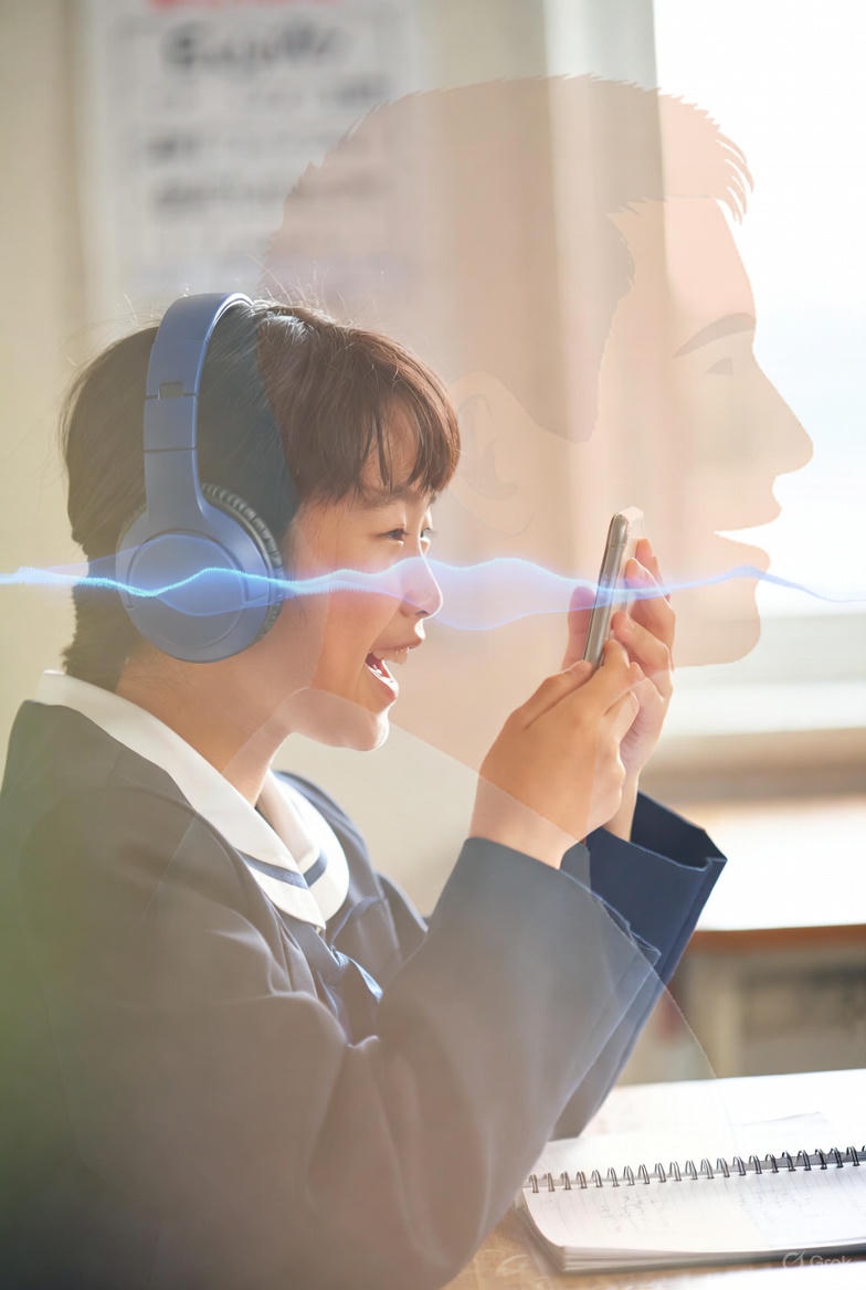 Japanese learner practicing English shadowing with headphones